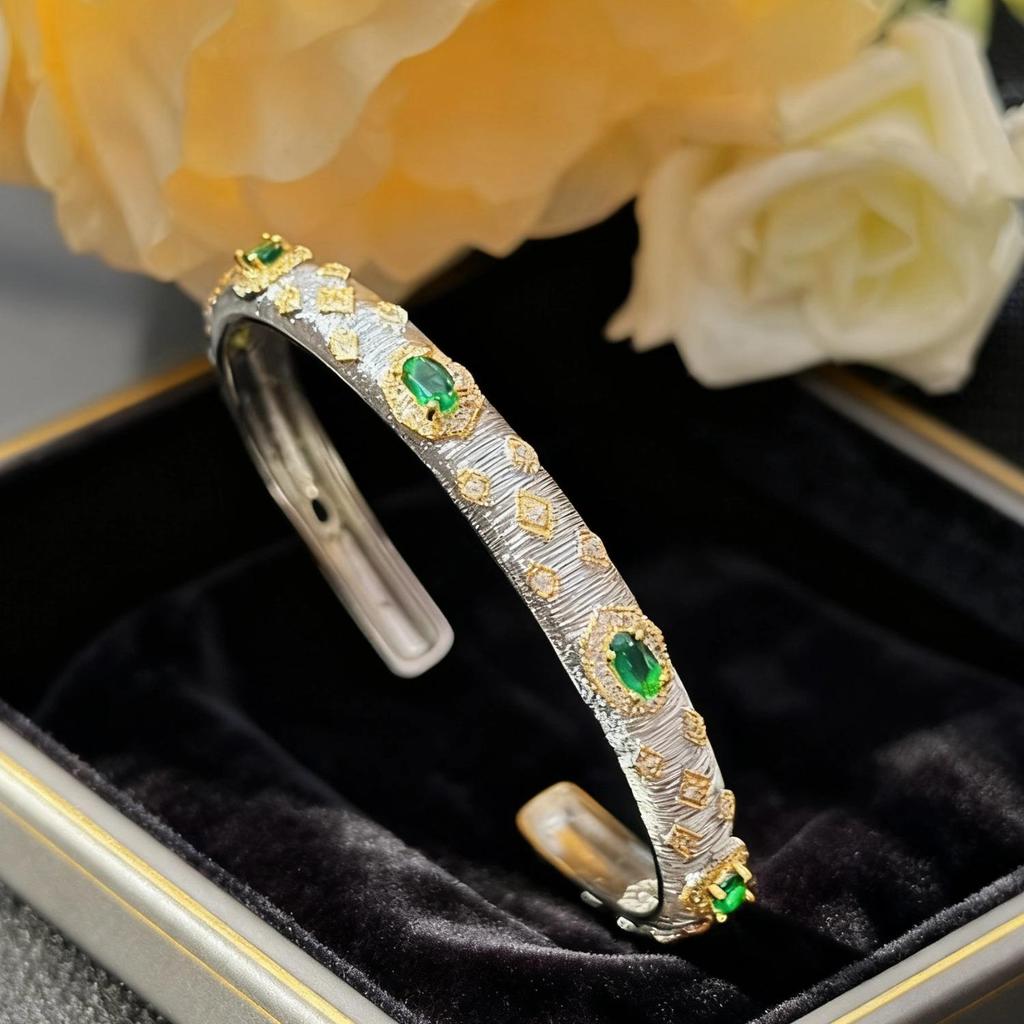 Meiji Two-Tone Italian Retro Bracelet with Rhinestones and Brushed Emerald Court Style