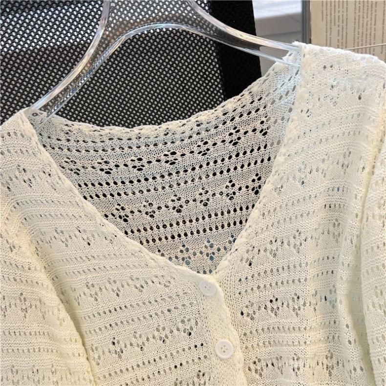 Lockerer V-Ausschnitt Häkelstrick-Cardigan - Damen Langarm Sonnenschutz für Frühling & Sommer