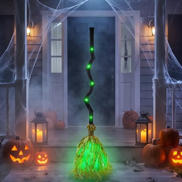 DR.DUDU 35 Animated Witch Broom Halloween Decoration with Sound Touch Activated Walking Broomstick with Green LED Light Spooky Dancing Magic