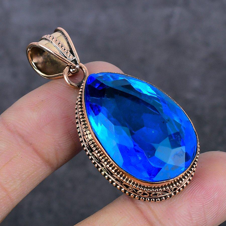 Natural Swiss Blue Topaz Gemstone Handmade Copper Jewelry Pendant 1.97" b6N65