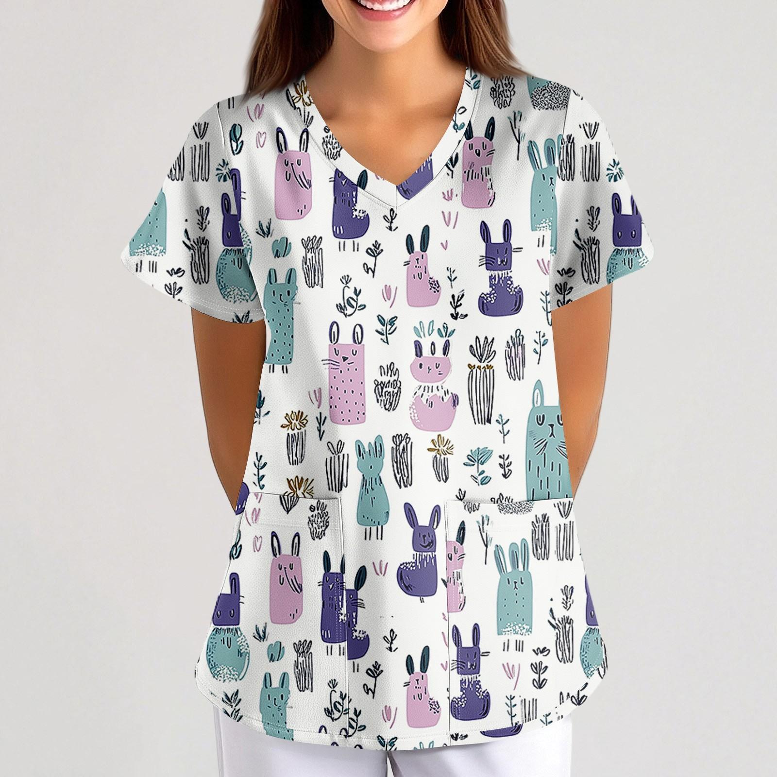 

Плюс размерСкраб с принтом Рабочая форма Топы для женщин Крест V-образным вырезом Хэллоуин Принт с короткими рукавами Забавные футболки Спецодежда Футболка с карманами S