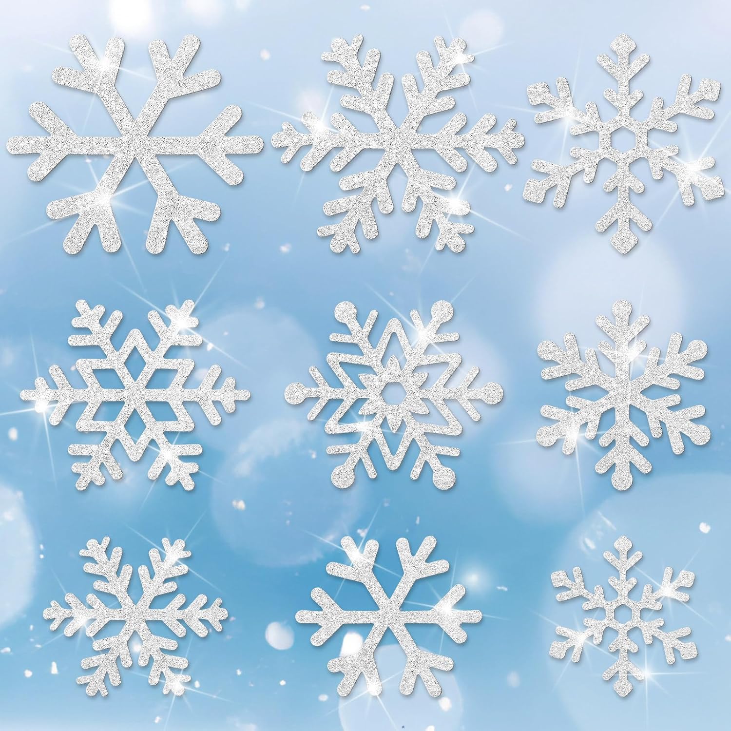 Fuutreo 108 Pcs Snowflake Cutouts Winter Glitter Paper Decorations Bulletin Board Decor 3 Size Cutouts for Winter Holiday Party Wonderland серебряный