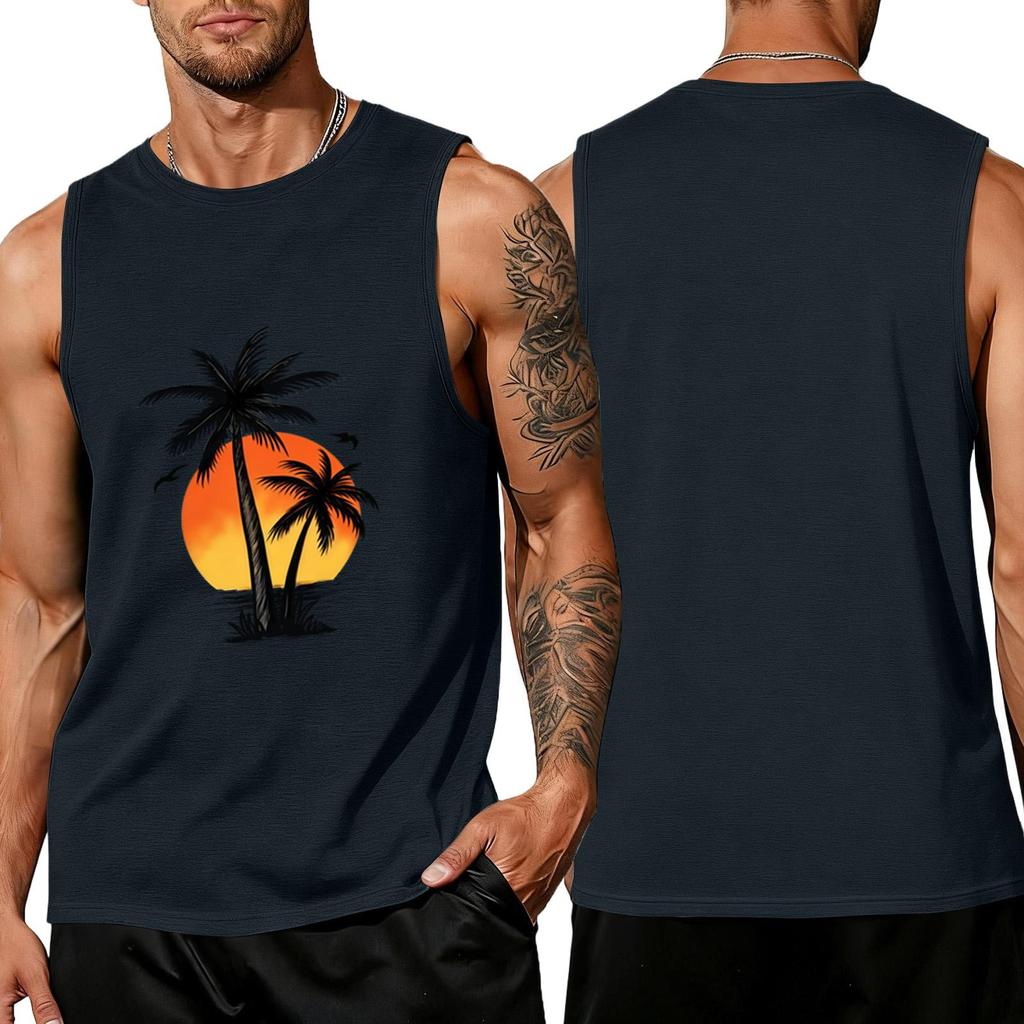 Men Sleeveless Crew Neck Tank Top with Tree and Print Relaxed Fit Casual Shirt for Summer Outdoor Use