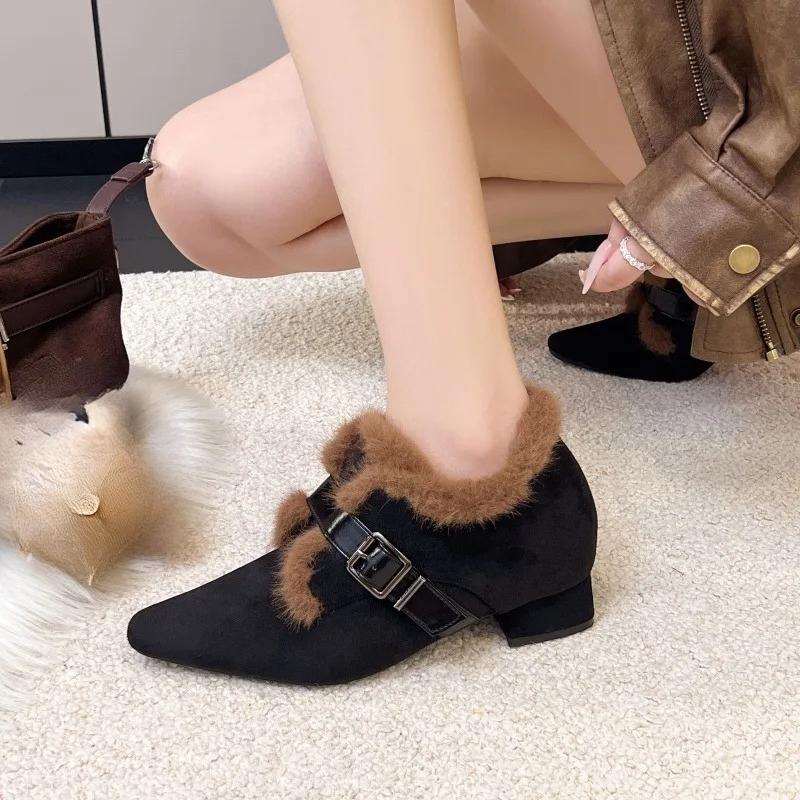 Fleece Warm Pointed Toe Fluffy Booties for Women Winter Heightening Little Man Mary Jane High Heel Cotton Shoes