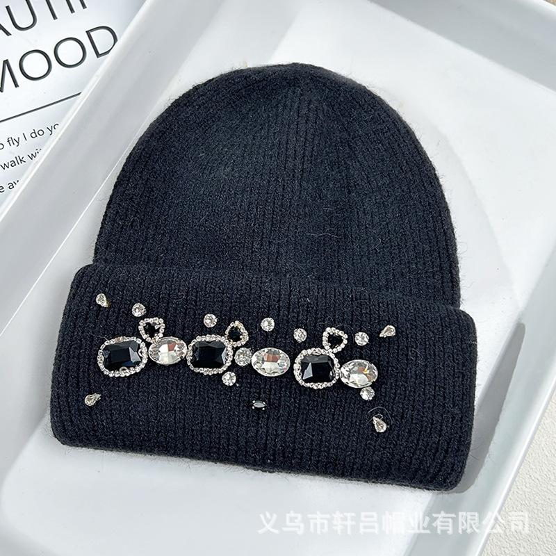 Hat Women's Autumn and Winter Rabbit Hair Warm Knitted Hat Women's Group Wind Fashion Rhinestone Wool Hat Versatile Crouch Cold Hat