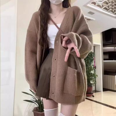 Large Size Loose Medium and Long Pocket Sweater Jacket Lazy Wind V-neck Knitted Cardigan Women's New Autumn and Winter Models