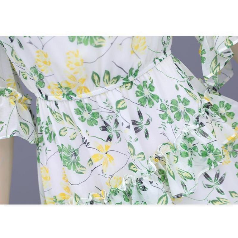 Elegantes florales Chiffonkleid Sommer Slim Taille Stufenrock Frischer Stil Mode