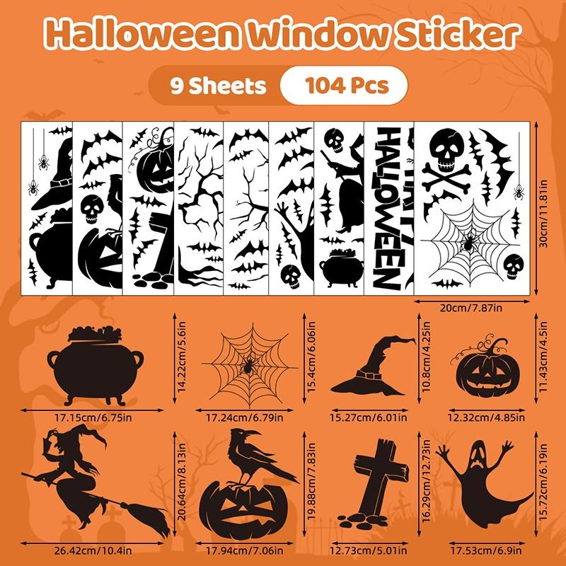 6/8/9 Sheets Halloween Window Clings Cute Ghost Pumpkin Bat Removable Self Adhesive For Home Party Glass Decor
