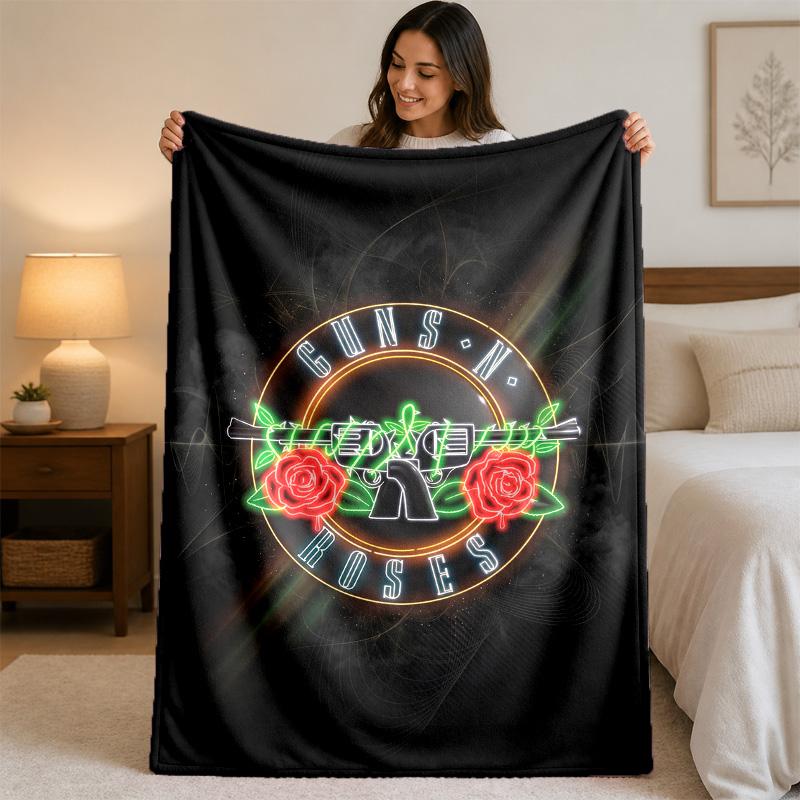 Guns N’ Roses Print Flannel Blanket Cozy Lightweight Plush Throw Blanket For Bed Sofa Household Use
