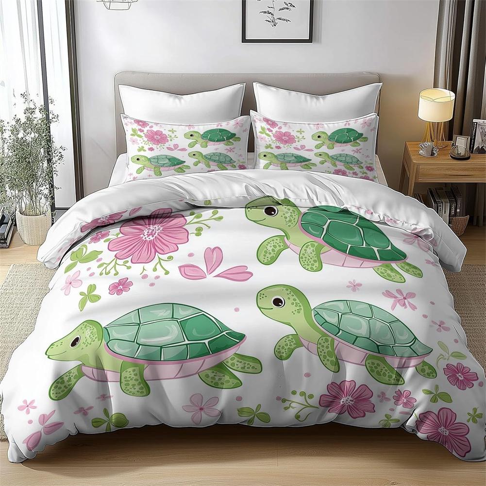 Flylo Unisex Single Duvet Covers Cute Turtle, Soft Microfiber Sea Turtle Quilt Covers For Girls Kids Bedding Collection 2Pcs With Pillowcases
