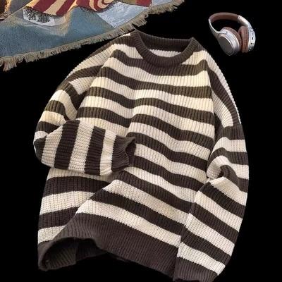 Contrasting Striped Sweater Men's Winter American Retro Lazy Wind Warm Knitted Sweater Premium Trendy Brand Crew Neck Jacket