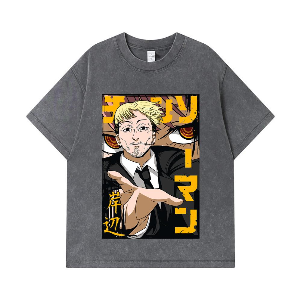 275 GSM Washed T-shirts 100% Cotton Chainsaw Man V25 Kishibe Print Unisex Heavy Cotton T Shirt