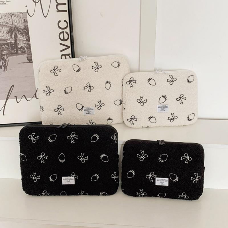 Plush Bow Strawberry Laptop Sleeve Case 13/14 Inch Notebook Bag For Macbook Air Pro Lenovo Hp 11 Inch Tablet Pouch For Ipad