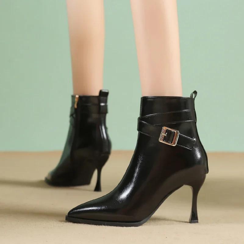 Winter Sexy Women Ankle Boots High Thin Heels Party Office Lady Pointed Toe Buckle Zipper Punk Short Boots Botines Para Mujeres