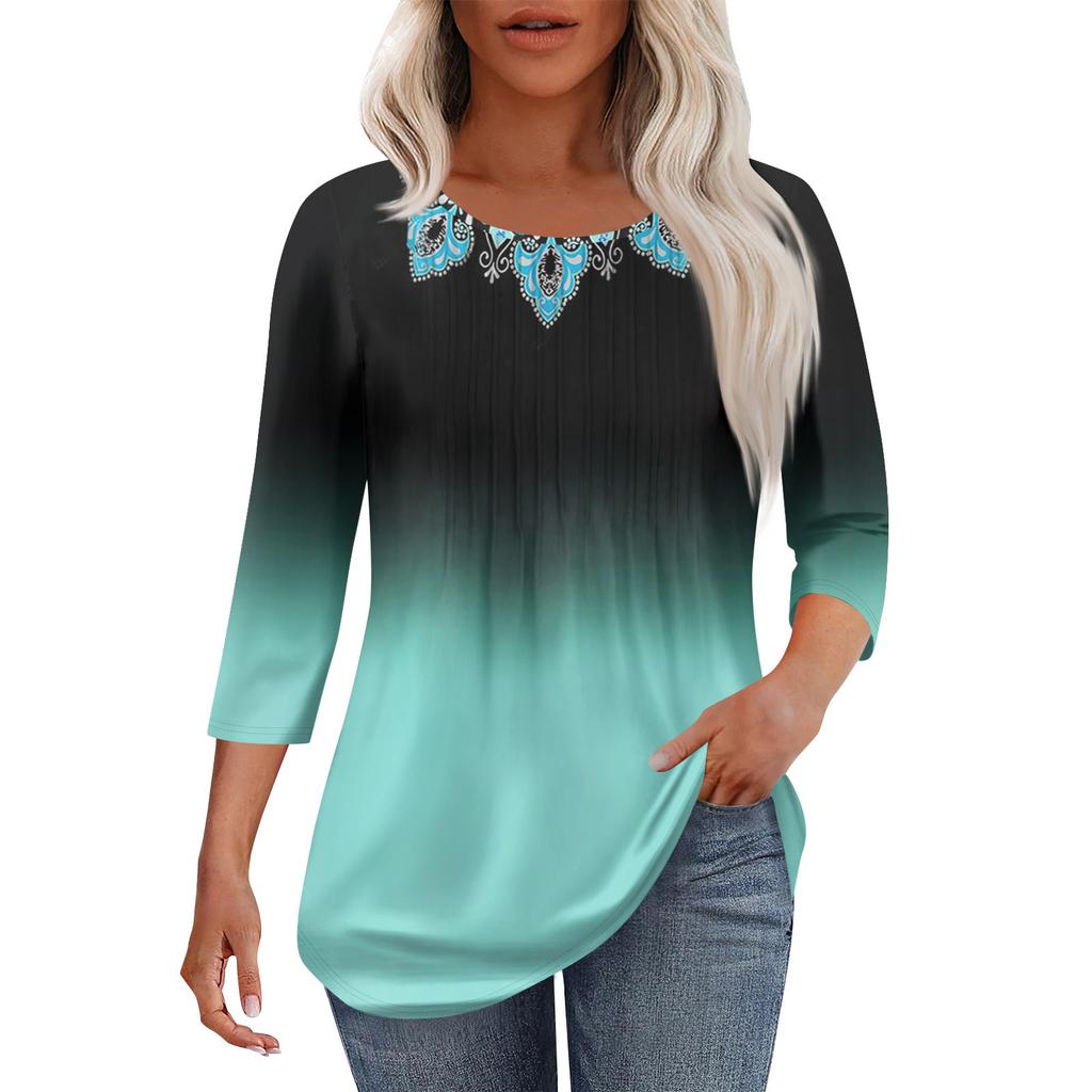 Women's Fashionable Casual Pleated Round Neck Casual Floral Print Seven Quarter Sleeved T-shirt Top