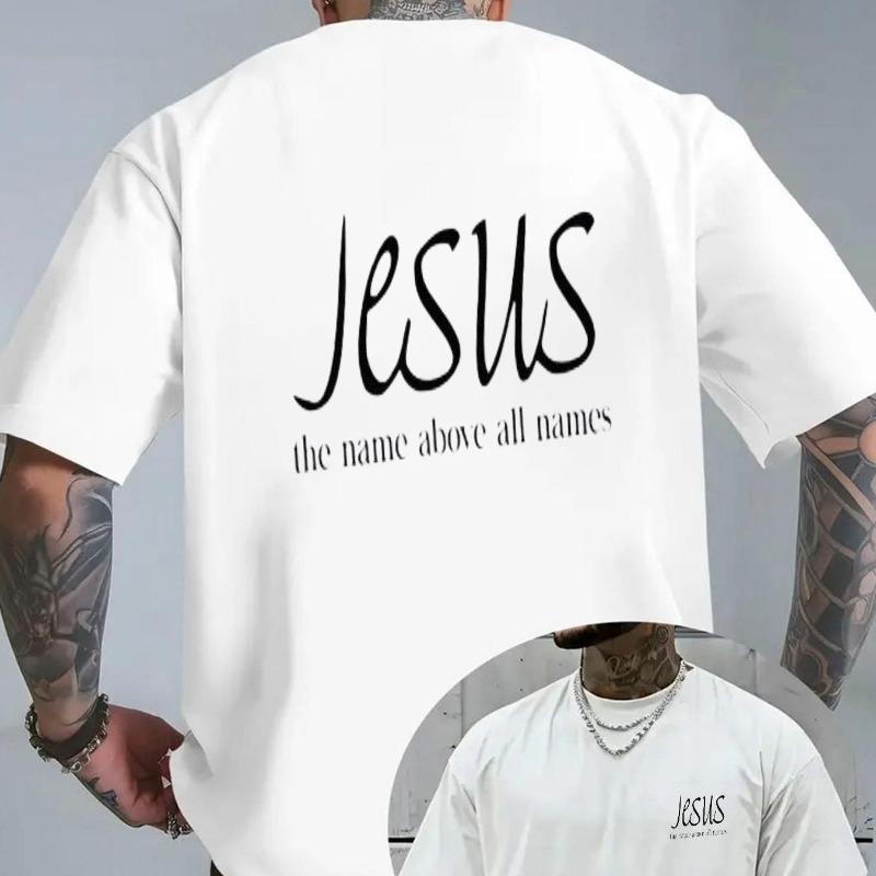 

Men S T-Shirt Featuring , The Name Above All Names - Black with Cursive Design on The Back, Serif Text on The Front Chest, Casual Crew Neck S белый