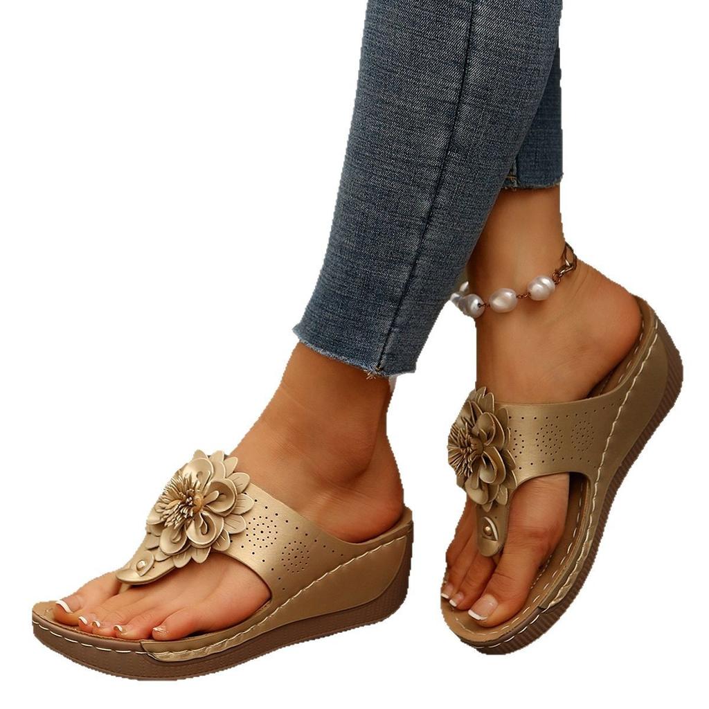 Large size slippers popular new wedge sandals flower one-character cool slippers