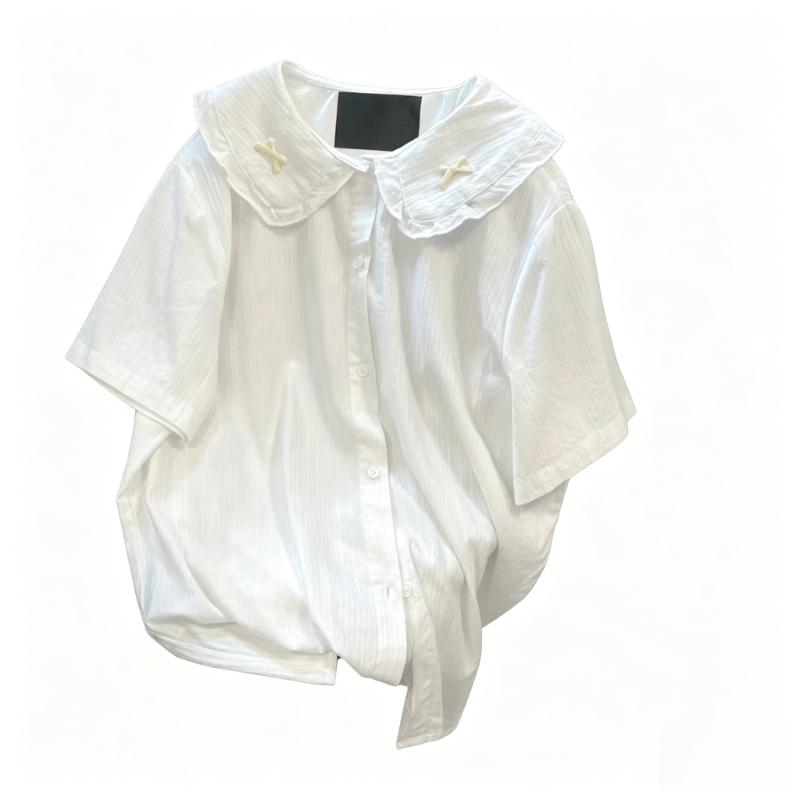 3D Bow Decoration Women's Shirt Solid Color Peter Pan Collar Ruffled Short Sleeved Blouse Japanese Style Summer New Sweet Lady Top