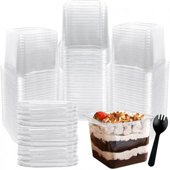 Rainmae 12 oz Disposable Plastic Dessert Cups with Lids Parfait Cups with Lids Fruit Cups with Lid Appetizer Cups Sporks Square Clear Cups for To Go 50 Pack