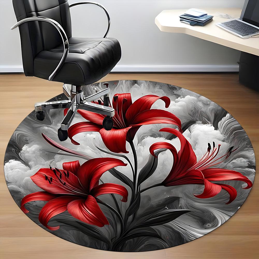 1pc Red Lily Flowers Carpet for Office Non-Slip, Round Carpet, Soft & Comfortable, Carpet for Office, Lightweight Round Floor Mat