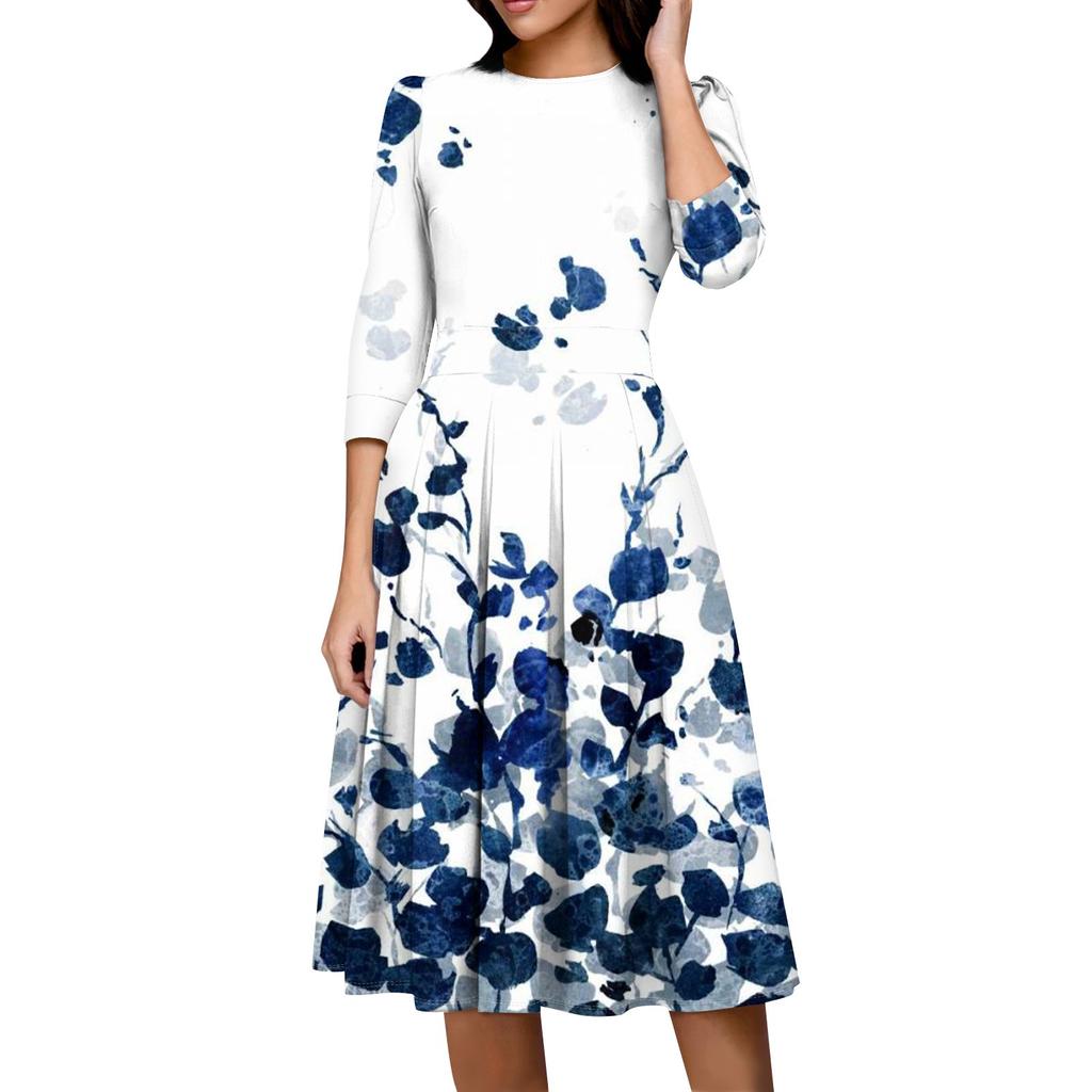 Damska sukienka casualowa i modna z 3/4 rękawami, kieszenią i zamkiem błyskawicznym z tyłu