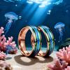 Men Rose Gold Color Stainless Steel Rings, Inlay Blue Opal Abalone Shell Rings For Men Women, Wedding Band Jewelry Gifts
