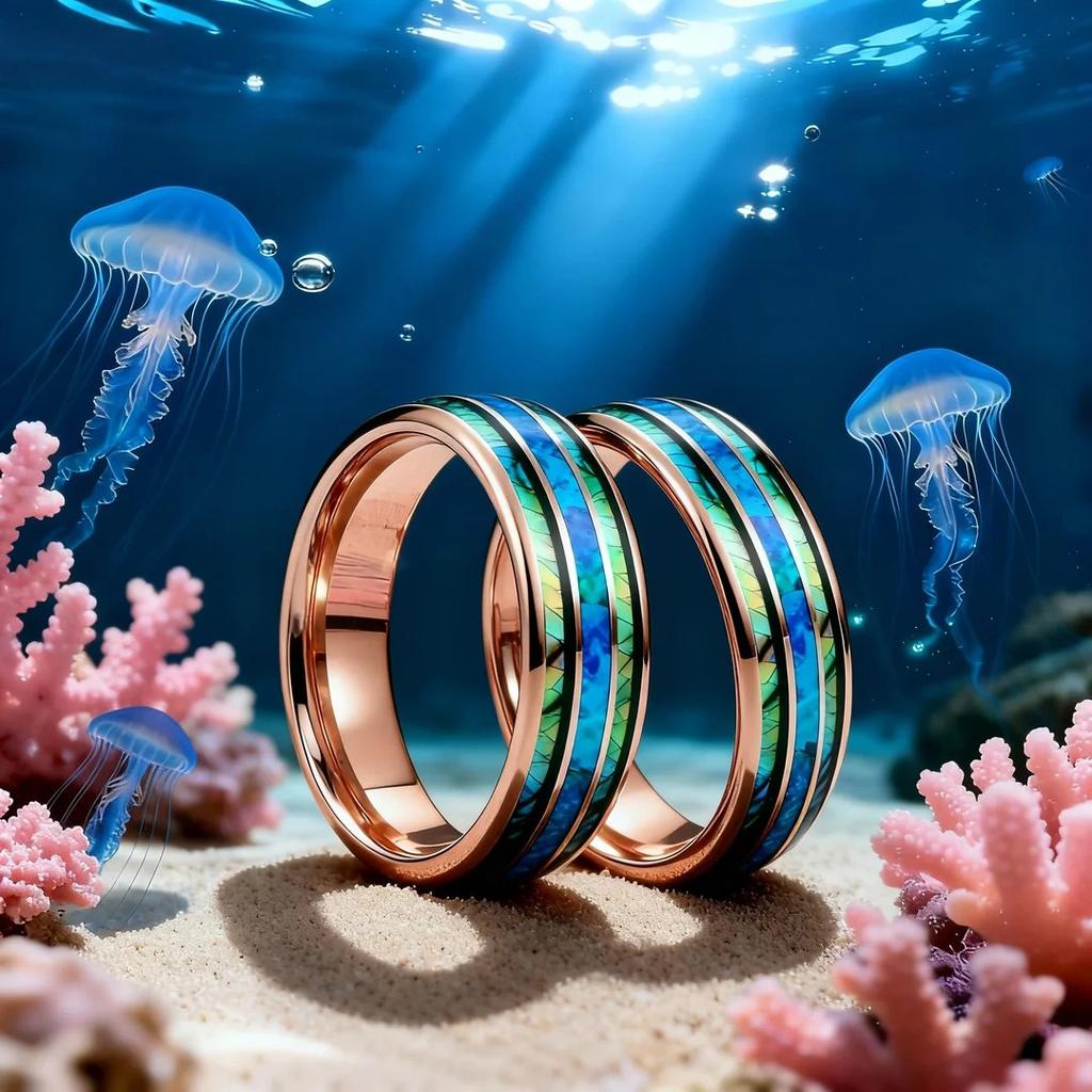 Men Rose Gold Color Stainless Steel Rings, Inlay Blue Opal Abalone Shell Rings For Men Women, Wedding Band Jewelry Gifts