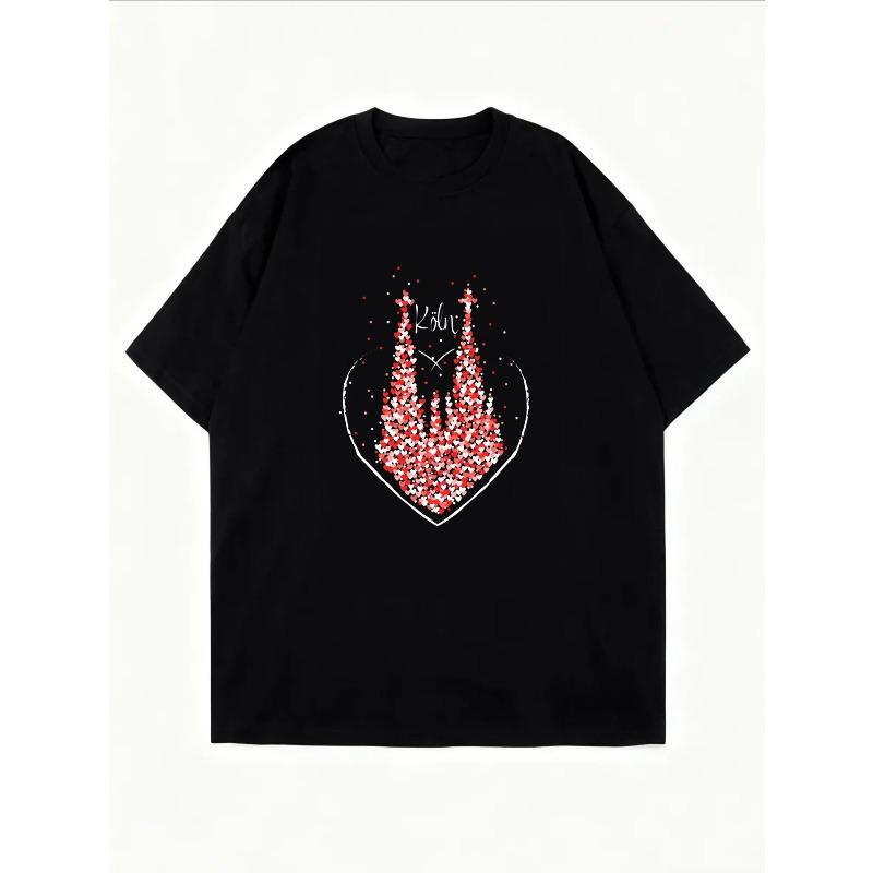 White T Shirt With Red Heart Pattern For Casual Wear