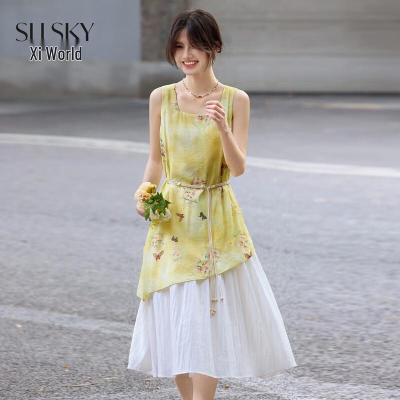 SLLSKY Butterfly Love Flower Printed Square Neck Vest Dress L