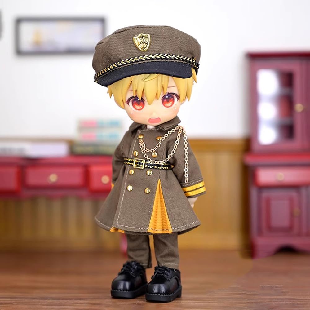 Obitsu 11 OB11 Size Costume Obitsu Doll 11cm Body Military Uniform One Piece Hat Noble Retro Cosplay 4 Piece Set [ISHR] (Brown)