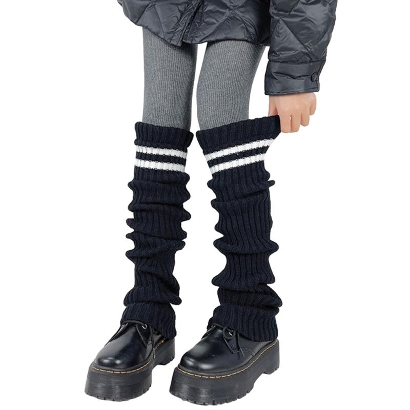 Women Thicken Ribbed Knit Leg Warmer Preppy Style Double Striped Leg Covers Snow Boot Cuffs Over Knee Stacked Long Socks