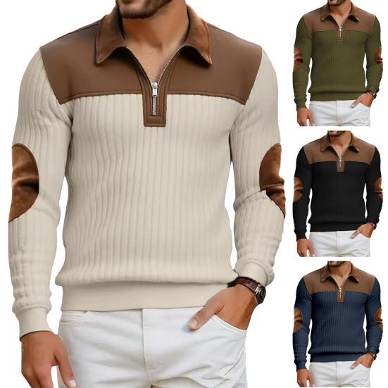 Herr Quarter Zip Tröja Långärmad Nedvikbar Krage Pullover Färgblock Jacquard Sweatshirt med Armbågslappar för Street Daglig Användning
