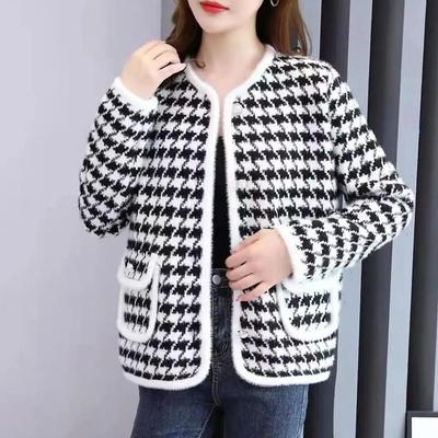 Cardigan-Mantel 2022 Hahnentritt-Karopullover mit Damen-Shorts im ausländischen Stil, All-Match-Rundhalsausschnitt