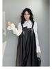Yamamoto Women's Dark PU Leather Suspender Dress - Shiny, Loose-Fit, Spring/Autumn Fashion.