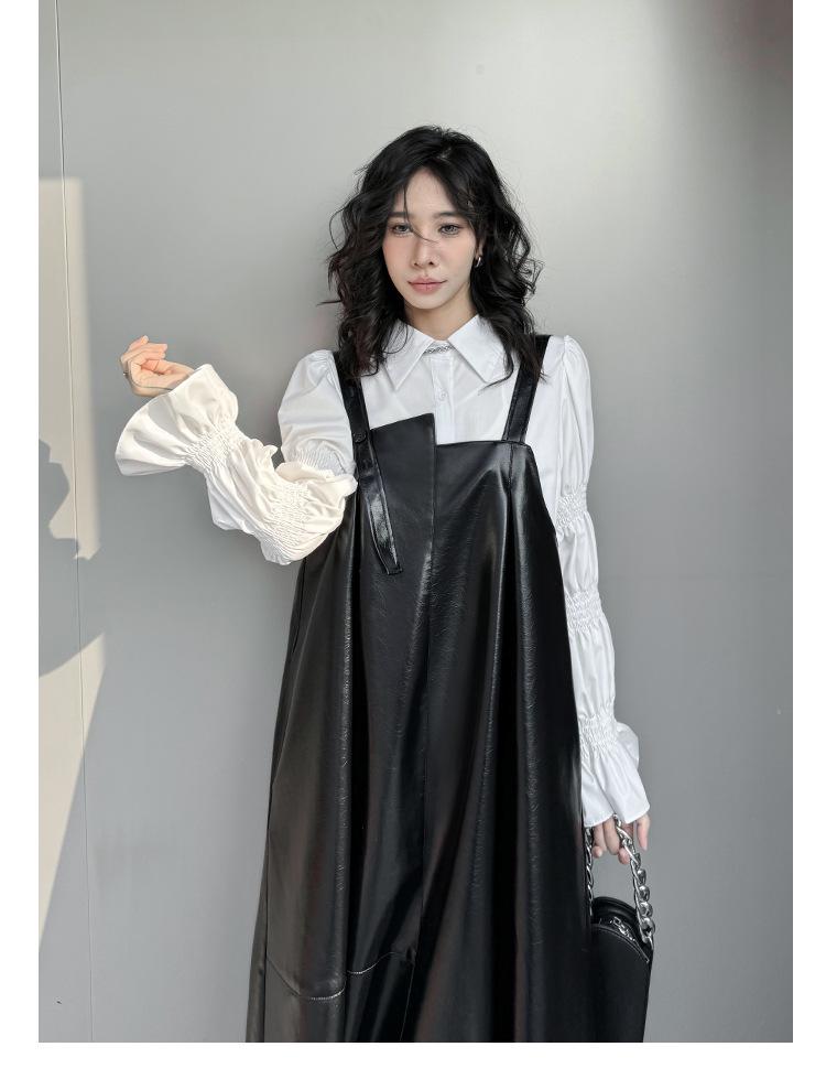 Yamamoto Women's Dark PU Leather Suspender Dress - Shiny, Loose-Fit, Spring/Autumn Fashion.