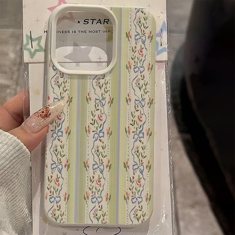 

White Floral Blue & Pink Striped Lychee Texture Phone Case For iPhone 17 16 15 14 Plus 13 12 11 Pro Max 17 Air X XR XS Cover iPhone XR