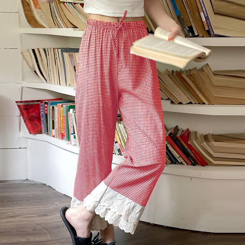 VONDA Women Casual Elastic Waist Drawstring Plaid Trousers
