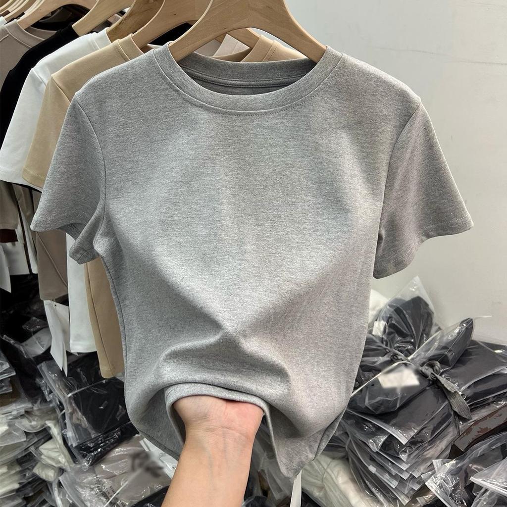 Women's White Cotton Short-Sleeve Ribbed T-shirt - Summer Round Neck, Breathable, Sweat-Absorbent, Slimming Fit