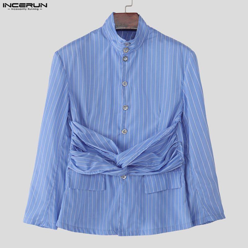 INCERUN Oversized Men High Neck Long Sleeve Twisted Striped Print Casual Loose Shirts