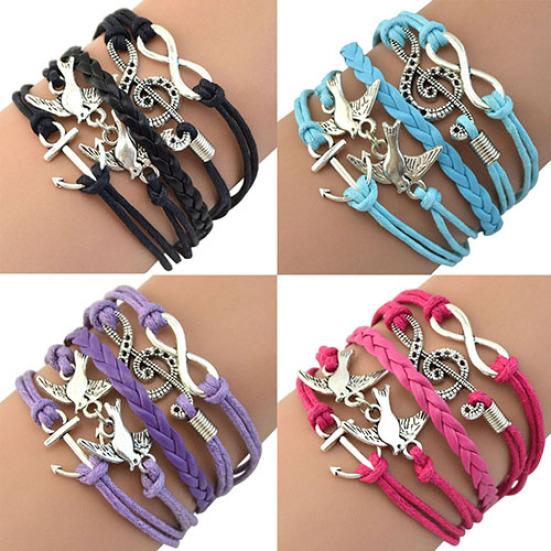 Women Retro  Skull Music Pigeon Faux Leather Charm Bracelet Bangle Cuff