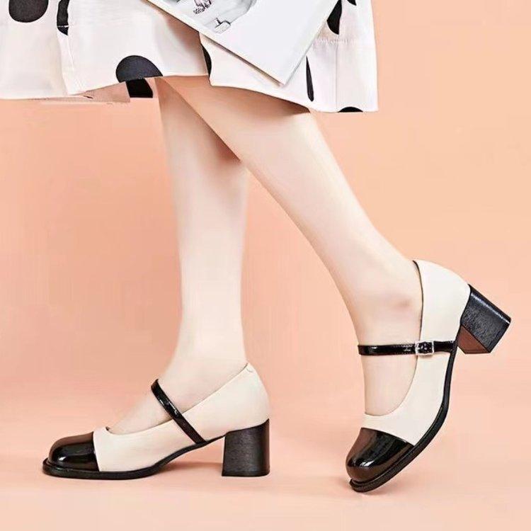 French color matching small fragrant style one-word single shoes women's 2025 spring new retro round head Mary Jane thick heel high heels