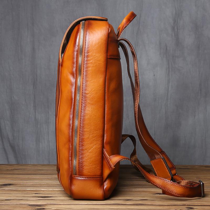 NZPJ Vintage Genuine Natural Cowhide Leather Men's Backpack Casual Business Laptop Bag Trendy School Travel Bag