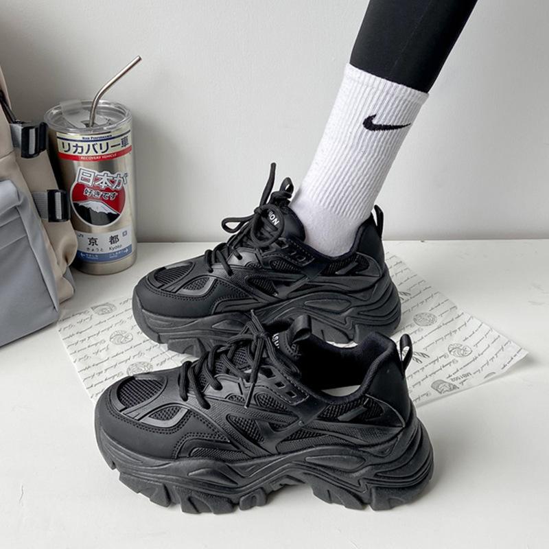Women Black Chunky Platform Sneakers Spring Autumn Breathable Mesh Leather Casual Thick Sole Shoes 37