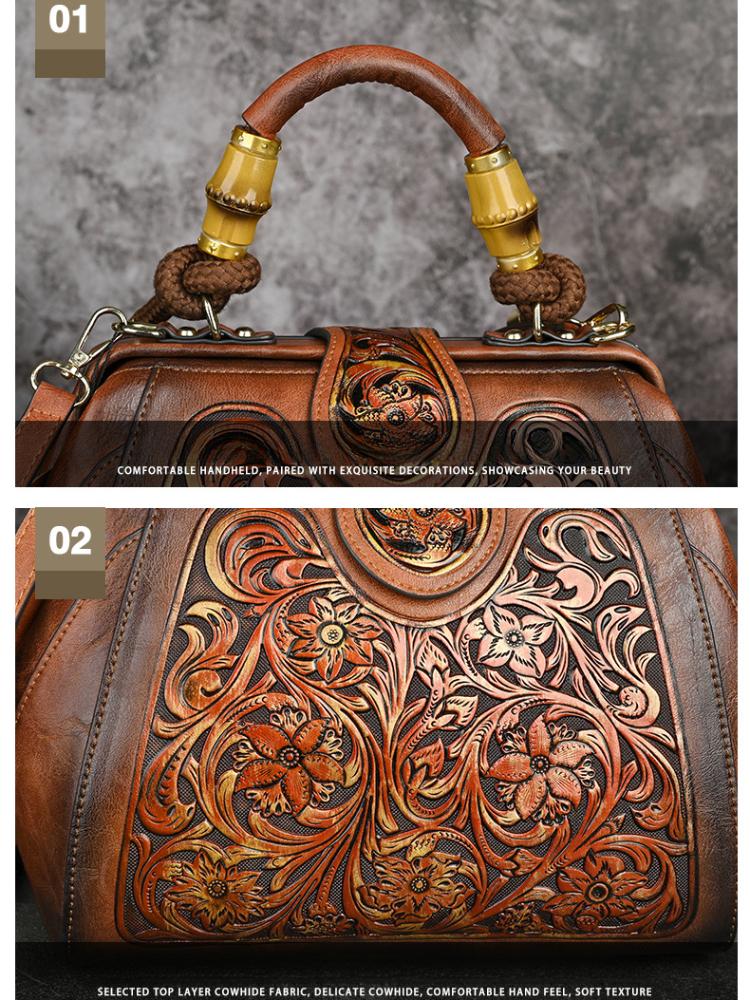 Johnature Luxury Handbag Vintage Handmade Leather Carved Women Bag Versatile Female Shoulder & Crossbody Bags
