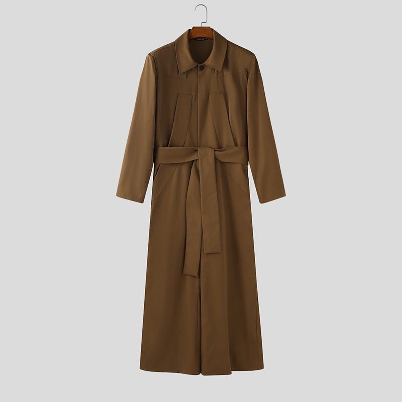 INCERUN Autumn Men Lapel Neck Long Sleeve Belt Waist Jumpsuits Casual Long Rompers
