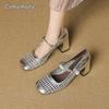 Fashion French Woven Hollowed Out Single Shoes Summer Breathable Square Toe High Heel Pumps PU Leather Mary Jane Shoes Zapatos De Mujer