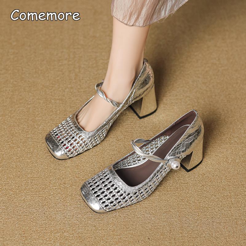 Fashion French Woven Hollowed Out Single Shoes Summer Breathable Square Toe High Heel Pumps PU Leather Mary Jane Shoes Zapatos De Mujer