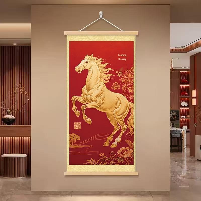 2026 Chinese Horseback Success Painting: Red Plum Blossoms, Golden Horse Scroll for Living Room or Bedroom Decor