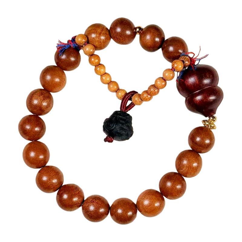 DIY Peach Wood Buddhist Beads Rosary Bracelet for Wealth and Prosperity - Gourd Charm Retro Style Unisex Jewelry