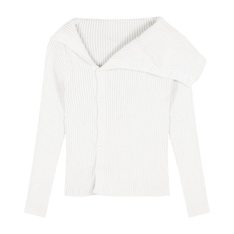 Korean Style Off-Shoulder Knit Cardigan - Women's Autumn/Winter Slim Fit Sweater with Turn-Down Collar